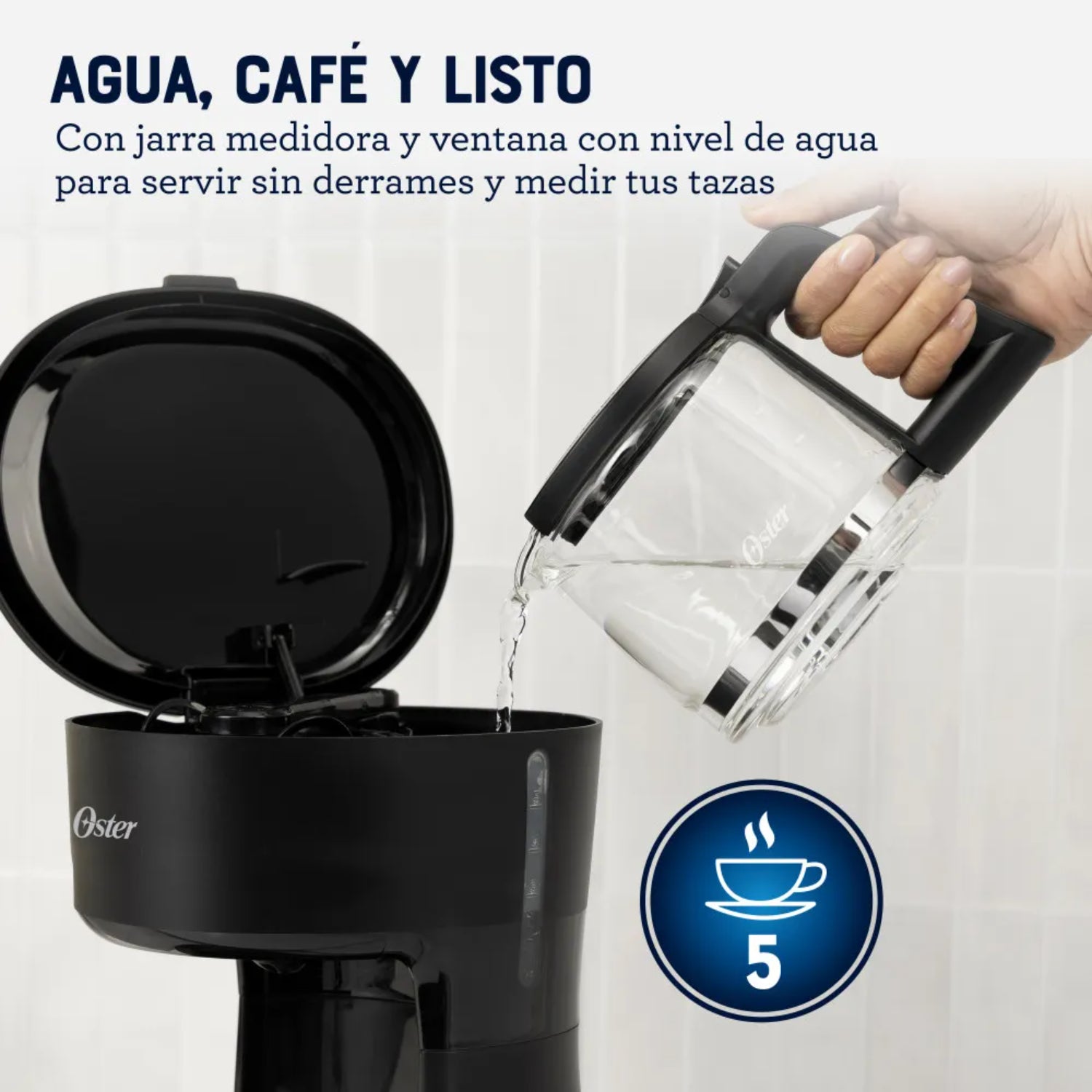 Cafetera 12 tazas para hogar Oster con jarra medidora y ventana para servir agua y medir tazas.