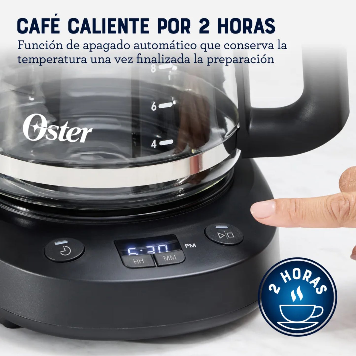 Cafetera programable 12 tazas Oster con función de apagado automático y café caliente por 2 horas