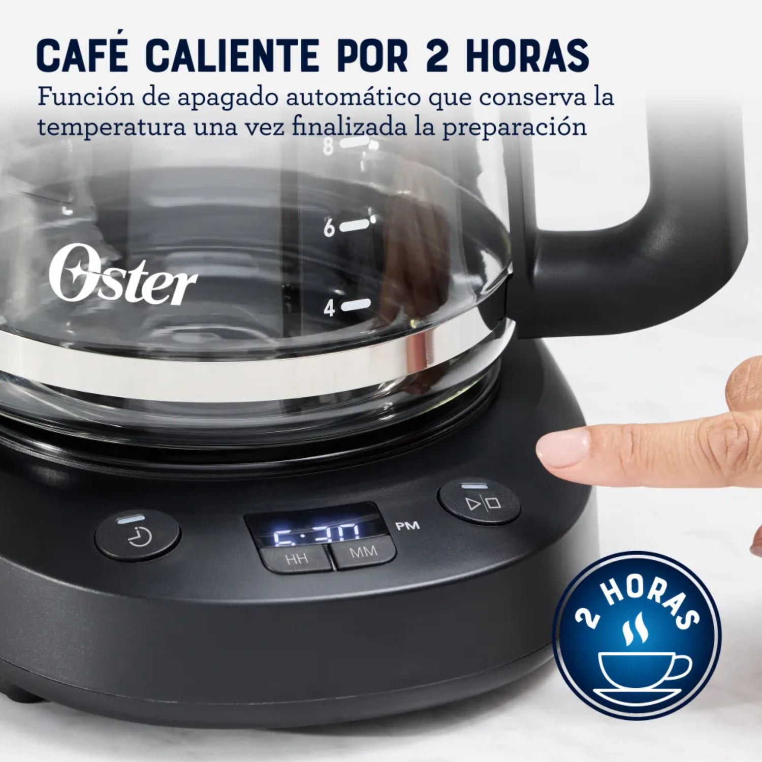 Cafetera programable 12 tazas Oster con función de apagado automático y café caliente por 2 horas