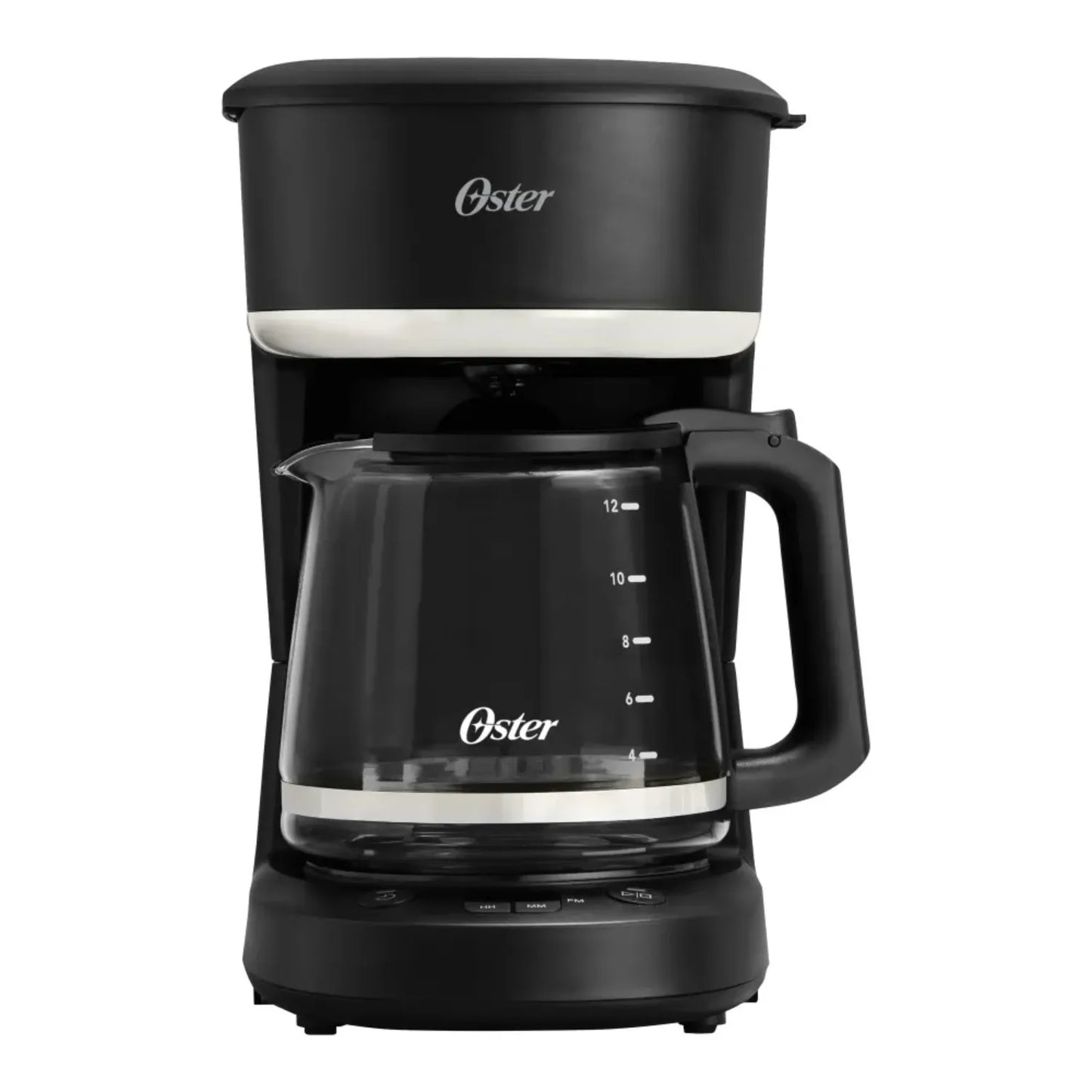 Cafetera programable 12 tazas Oster en negro con jarra de vidrio y panel de control fácil de usar