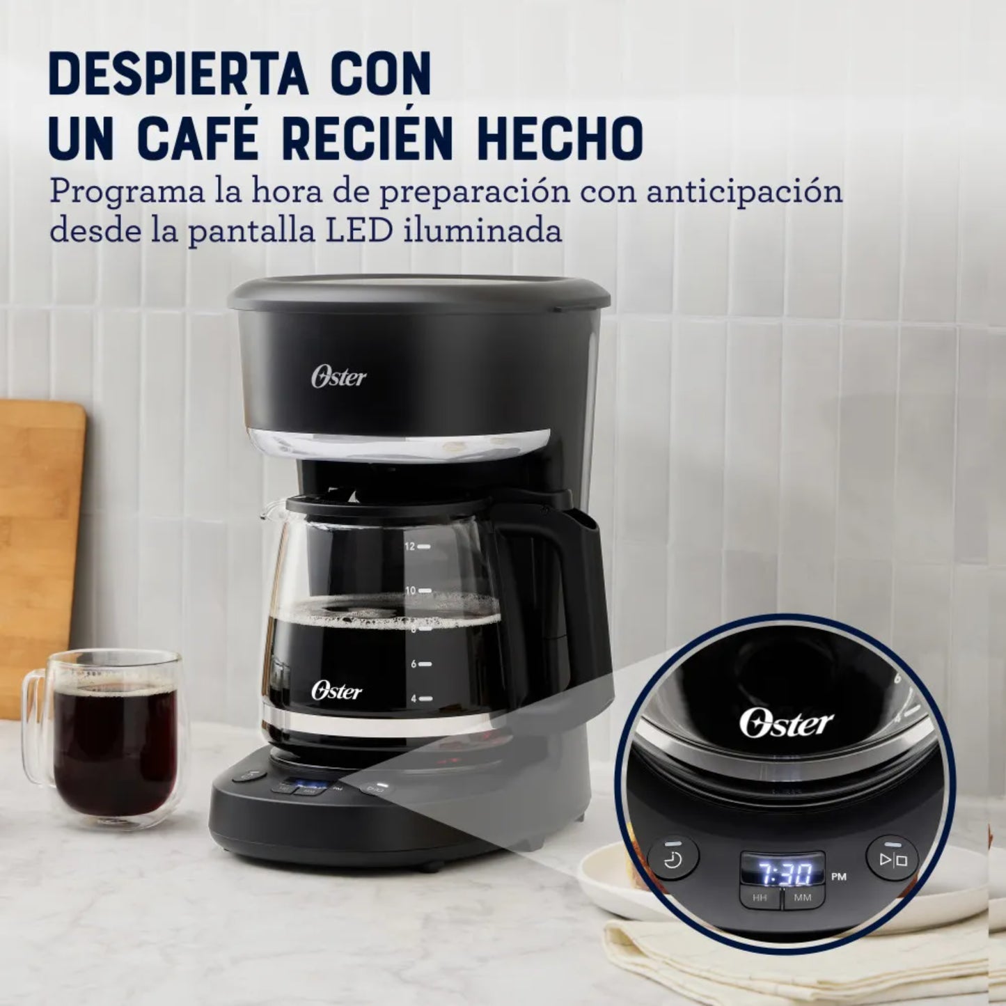 Cafetera programable 12 tazas OSTER con pantalla LED y diseño elegante en negro