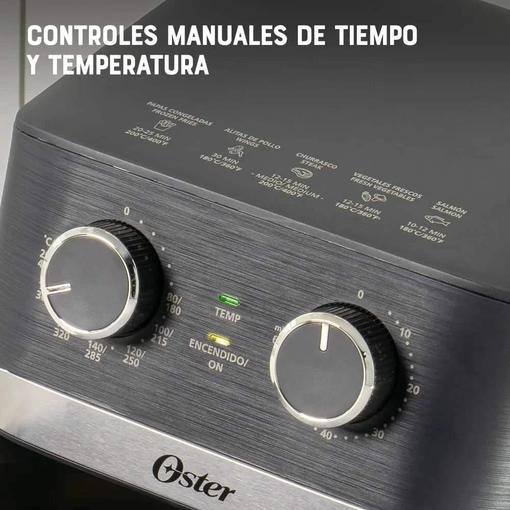 Freidora de aire Oster 4 litros con controles manuales de tiempo y temperatura en diseño elegante