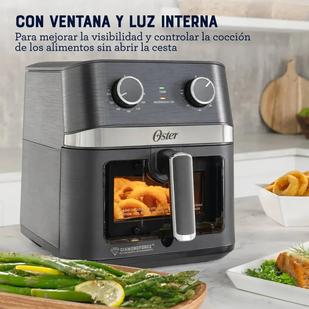 Freidora de aire Oster 6 litros Honduras con ventana y luz interna para ver la cocción de alimentos