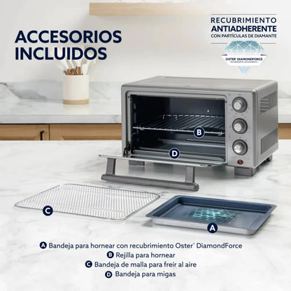 Horno freidora de aire Oster 17 litros con accesorios incluidos como bandejas y rejilla para cocinar