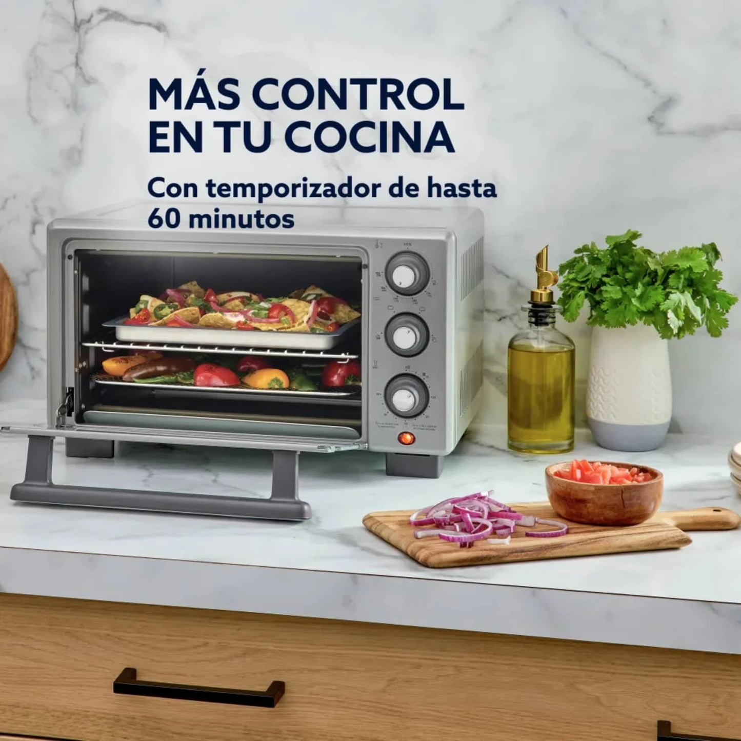 Horno freidora de aire Oster 17 litros con temporizador de 60 minutos y bandejas de cocinar vegetales