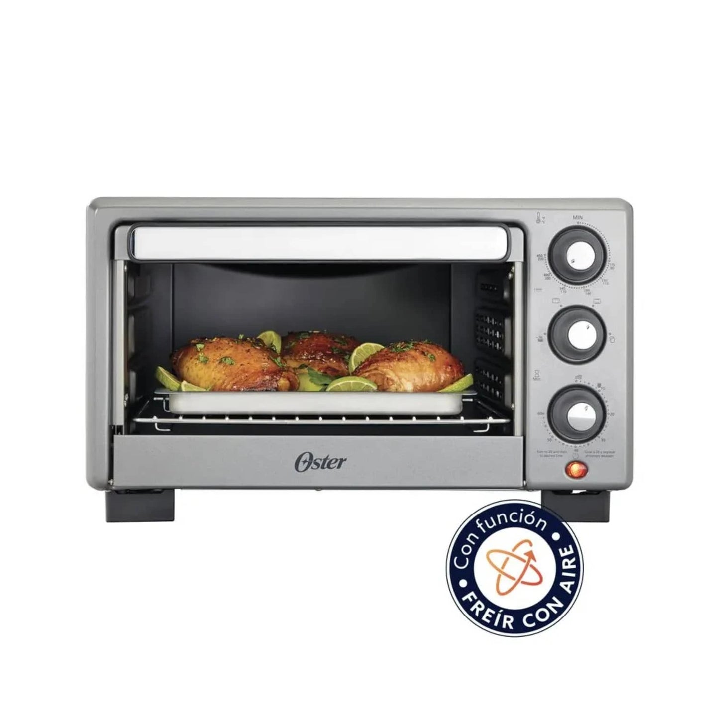 Horno freidora de aire Oster 17 litros con alimentos cocinándose en la bandeja interior y diseño moderno
