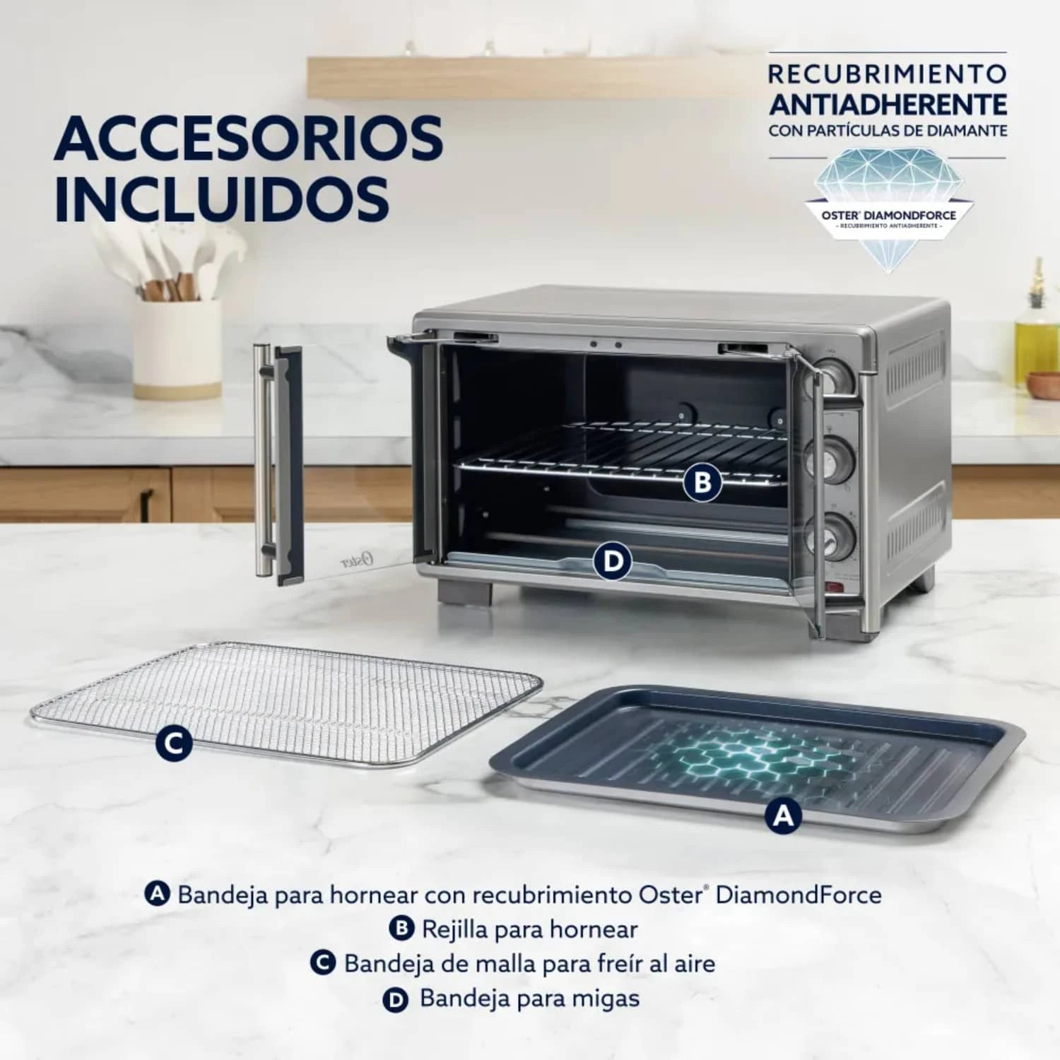 Horno freidora de aire Oster con accesorios incluidos y recubrimiento antiadherente DiamondForce