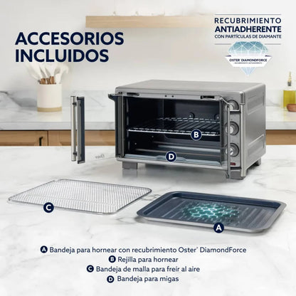 Horno freidora de aire Oster con accesorios incluidos y recubrimiento antiadherente DiamondForce