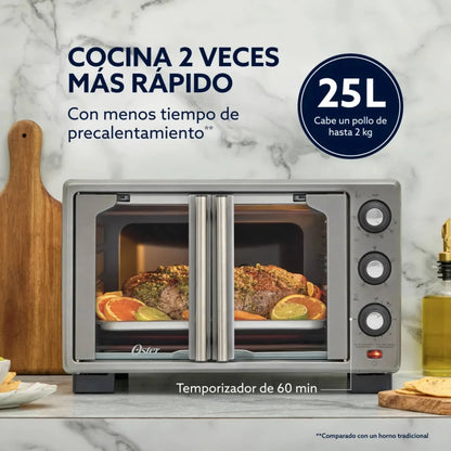 Horno freidora de aire Oster de 25L con temporizador de 60 min y capacidad para pollo de hasta 2 kg