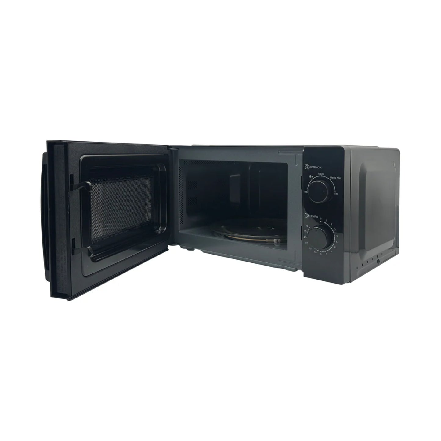 Microondas OSTER negro con puerta abierta, vista lateral en cocina