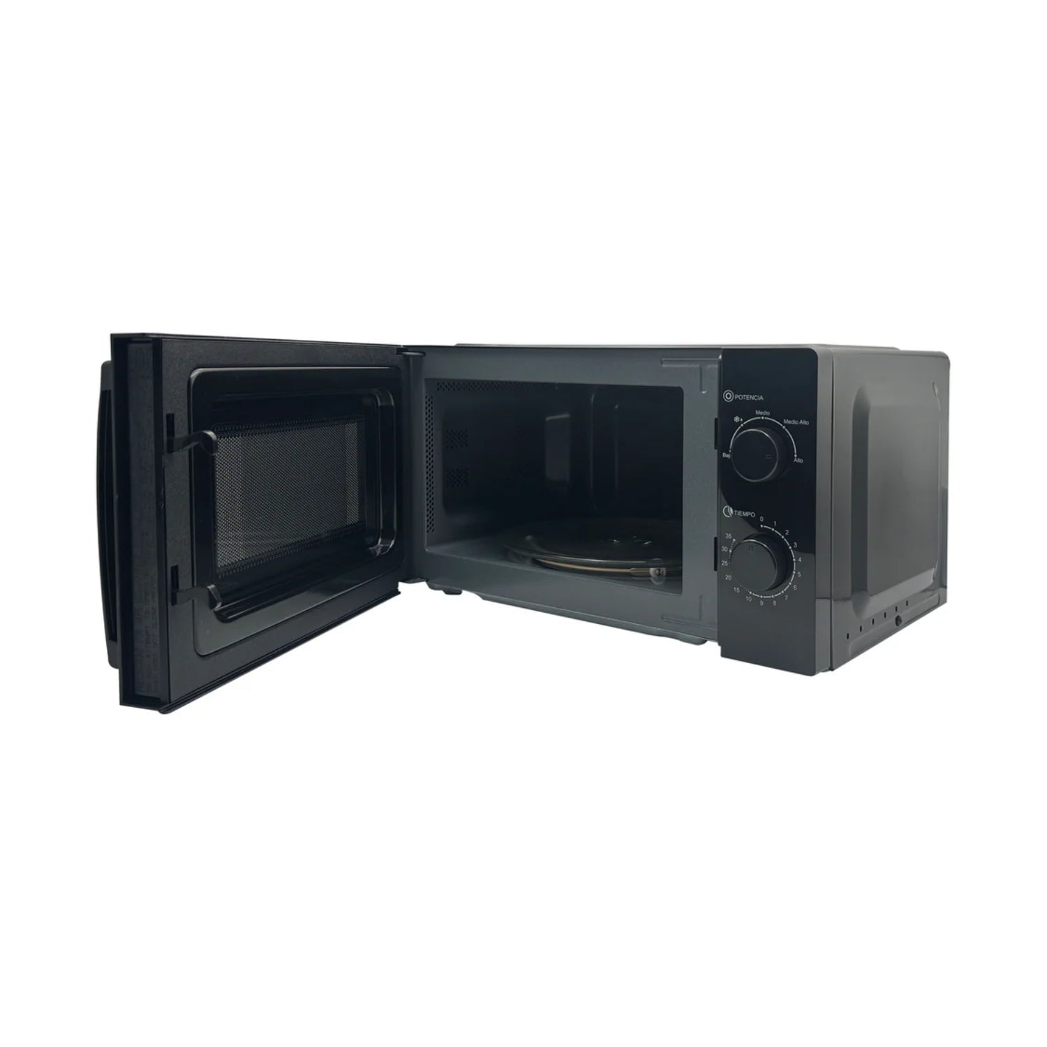 Microondas OSTER negro con puerta abierta, vista lateral en cocina