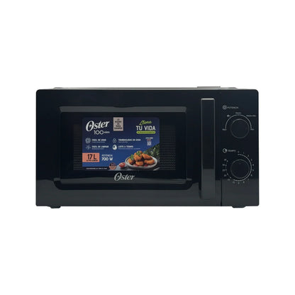microondas Oster negro frontal con pantalla y controles