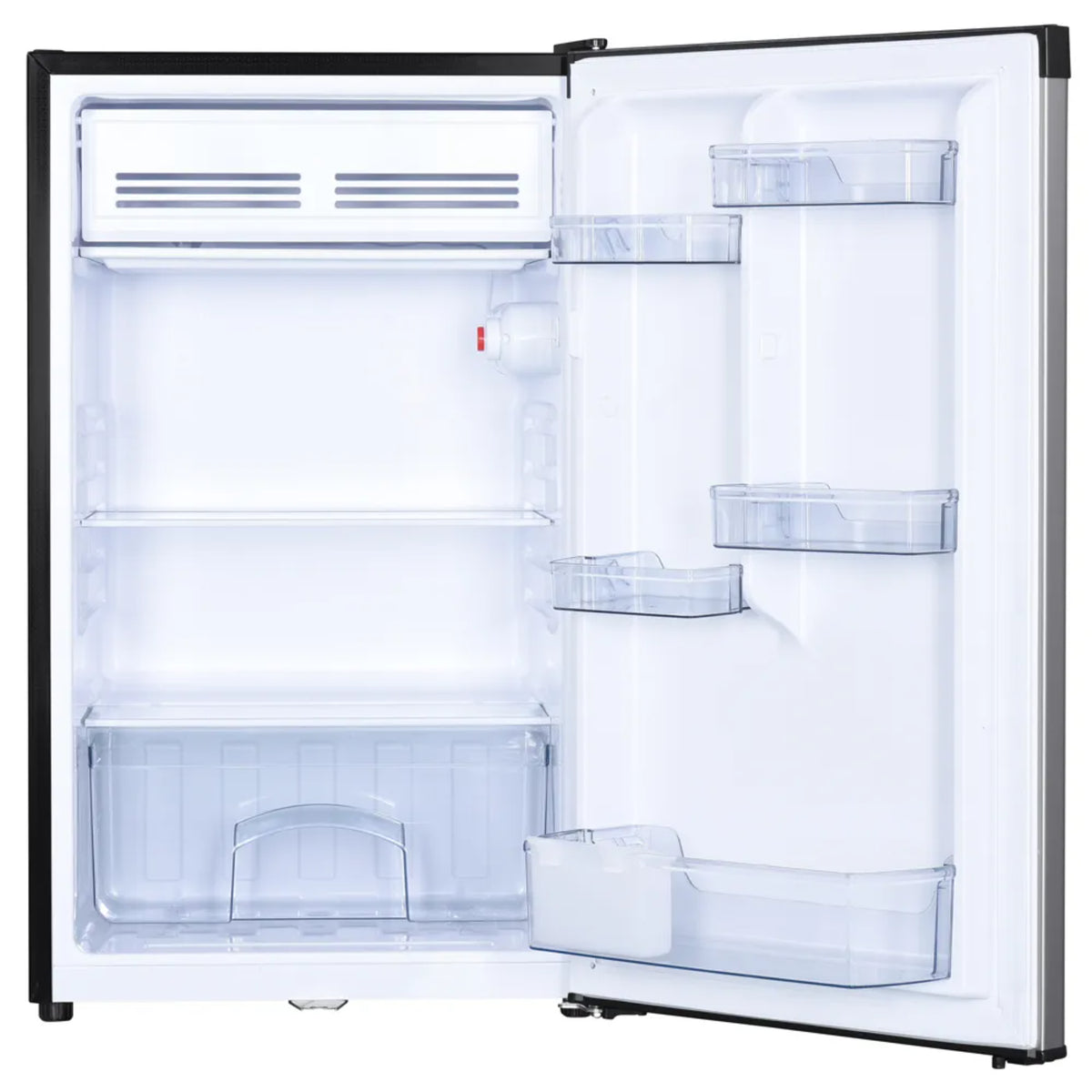 nevera mini OSTER blanca interior con estantes y compartimentos organizadores