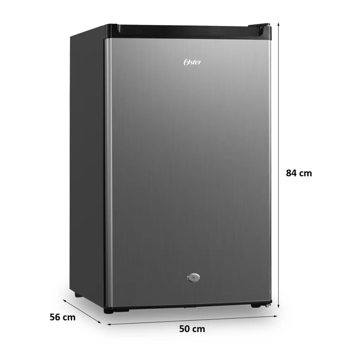 nevera mini Oster gris, vista frontal con dimensiones en centímetros