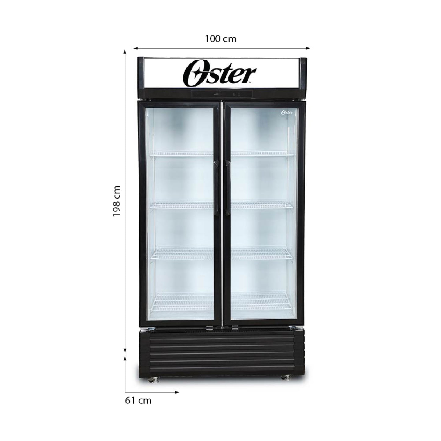 Refrigerador Oster negro frontal, dos puertas, vista de 100 cm x 198 cm