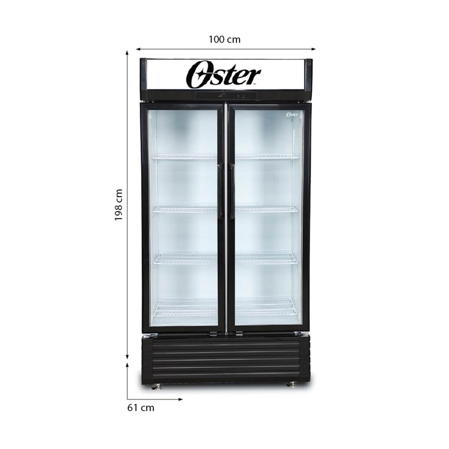 Refrigerador Oster negro frontal, dos puertas, vista de 100 cm x 198 cm