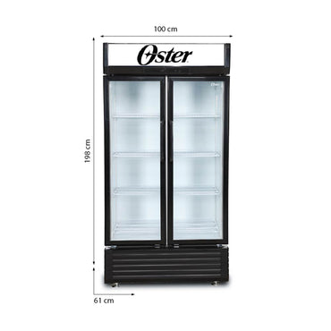 Refrigerador Oster negro frontal, dos puertas, vista de 100 cm x 198 cm