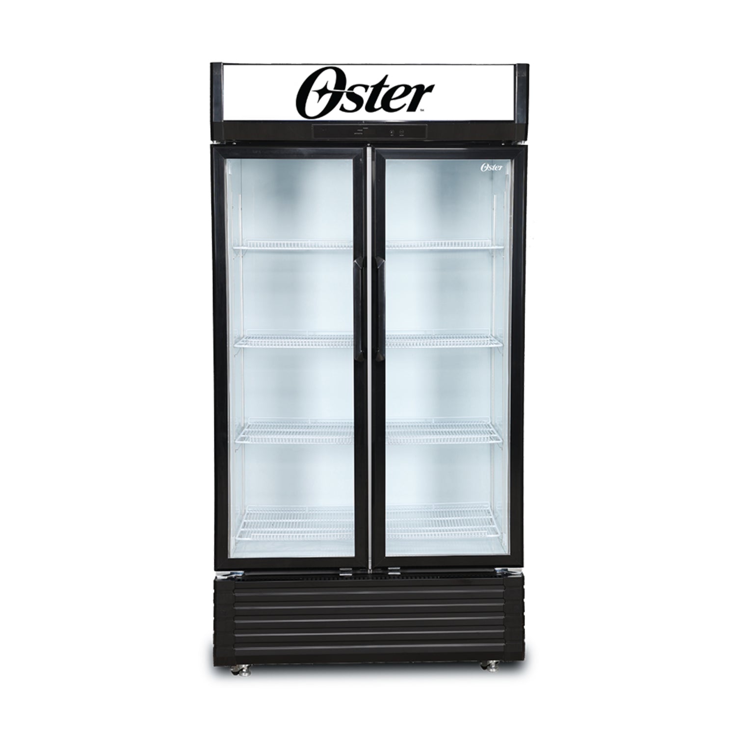 Refrigerador Oster negro de doble puerta, frontal vacío, ideal para alimentos y bebidas.