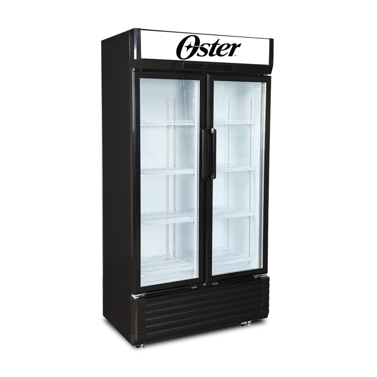 Refrigerador Oster negro de exhibición frontal con puertas dobles y estantes.