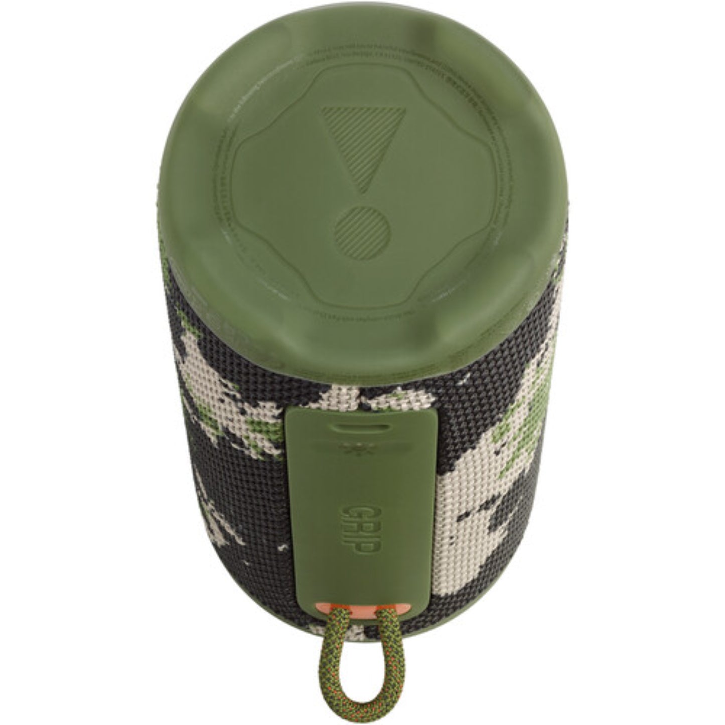 parlante bluetooth JBL verde militar vista superior con diseño camuflado