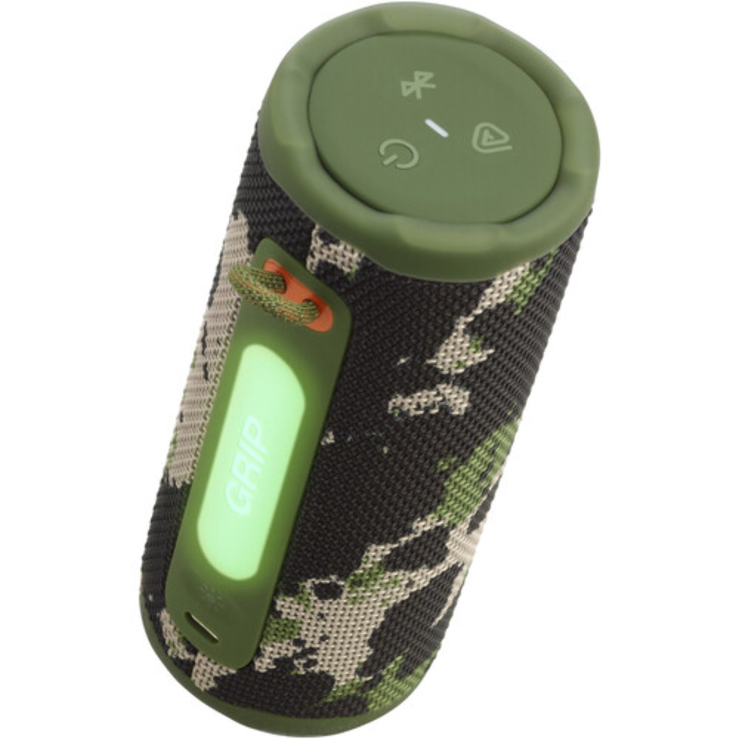 Parlante bluetooth JBL verde militar con diseño camuflado y botones de control superior
