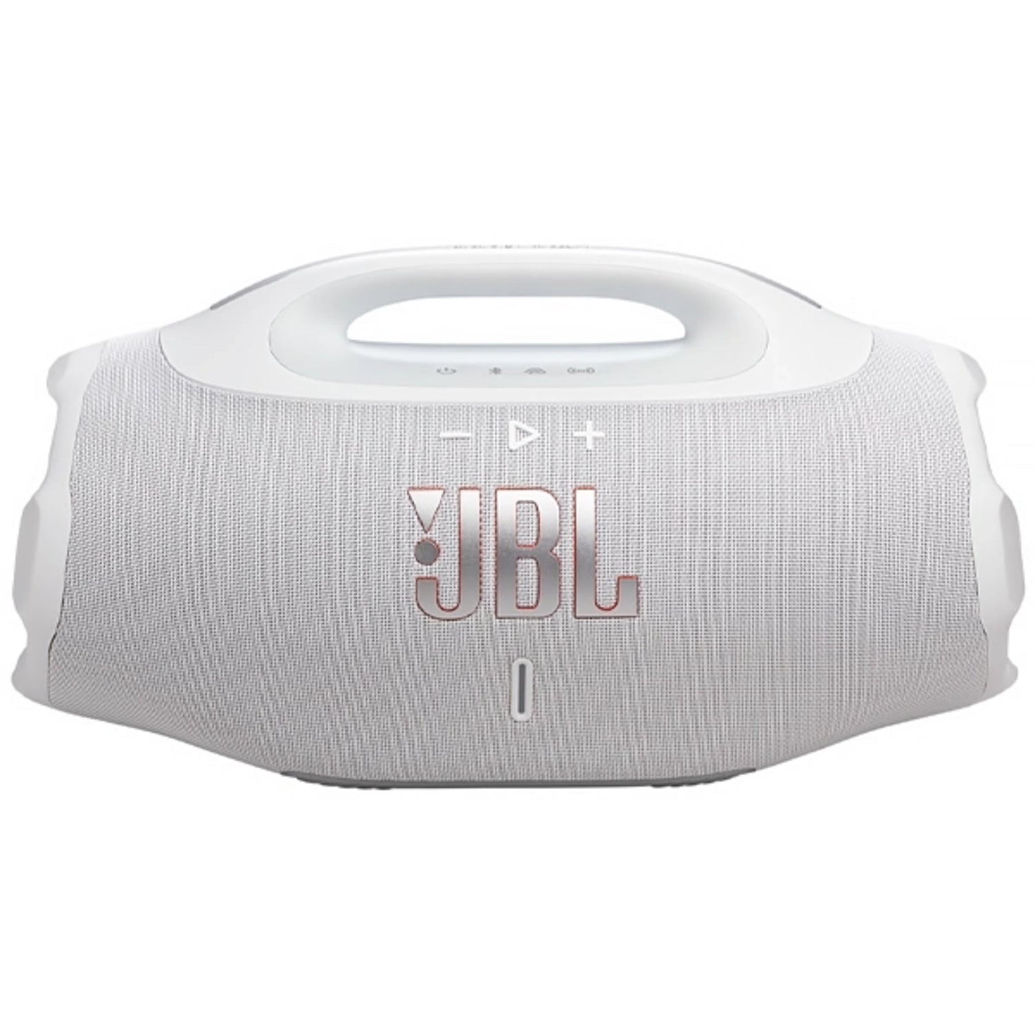 Parlante JBL gris frontal, ideal para fiestas y exteriores