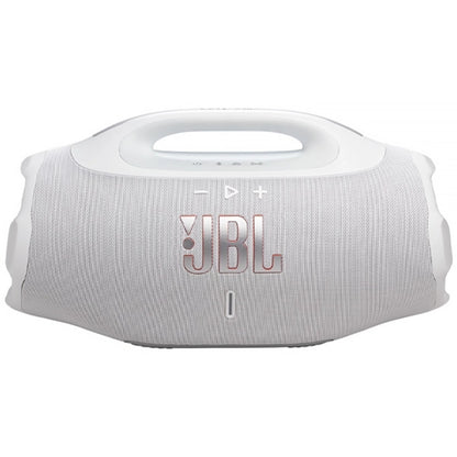 Parlante JBL gris frontal, ideal para fiestas y exteriores