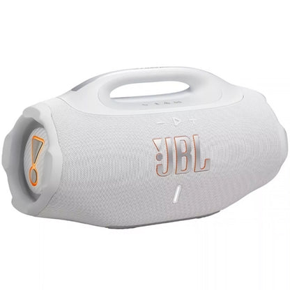 Parlante JBL blanco lateral con asa para transporte fácil
