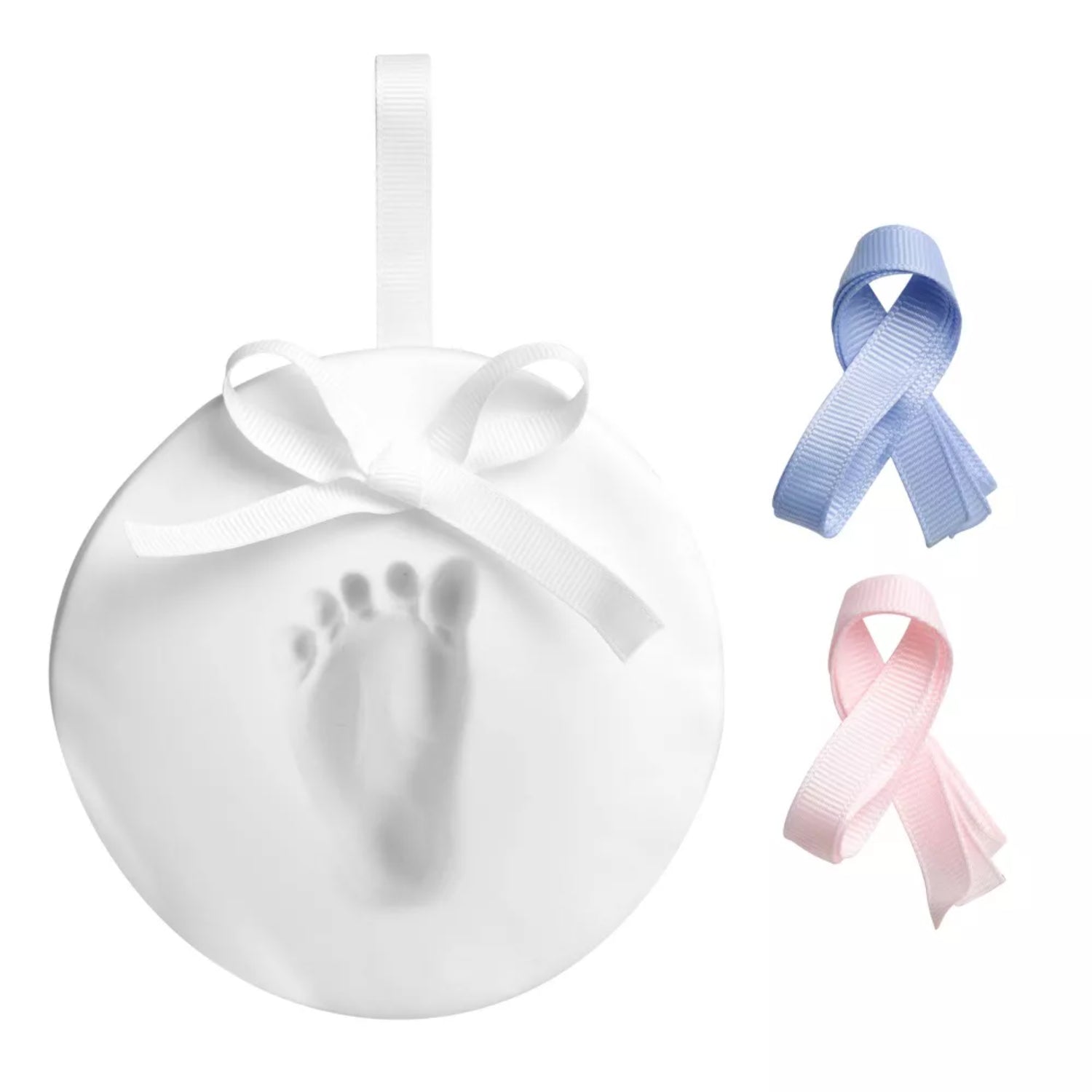 Placa de huella de pie blanco con cintas rosa y azul, recuerdo para bebés