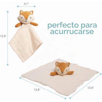 Manta de seguridad color beige con zorro como juguete, perfecta para acurrucarse