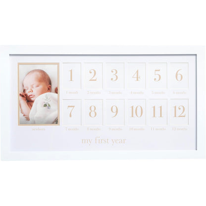 Marco de fotos blanco con espacio para fotos del primer año del bebé
