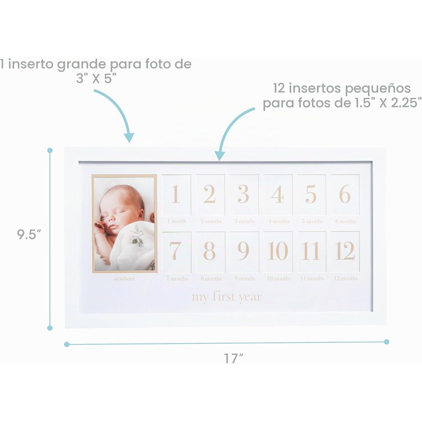 Marco de fotos blanco para el primer año del bebé con espacio para 12 fotos