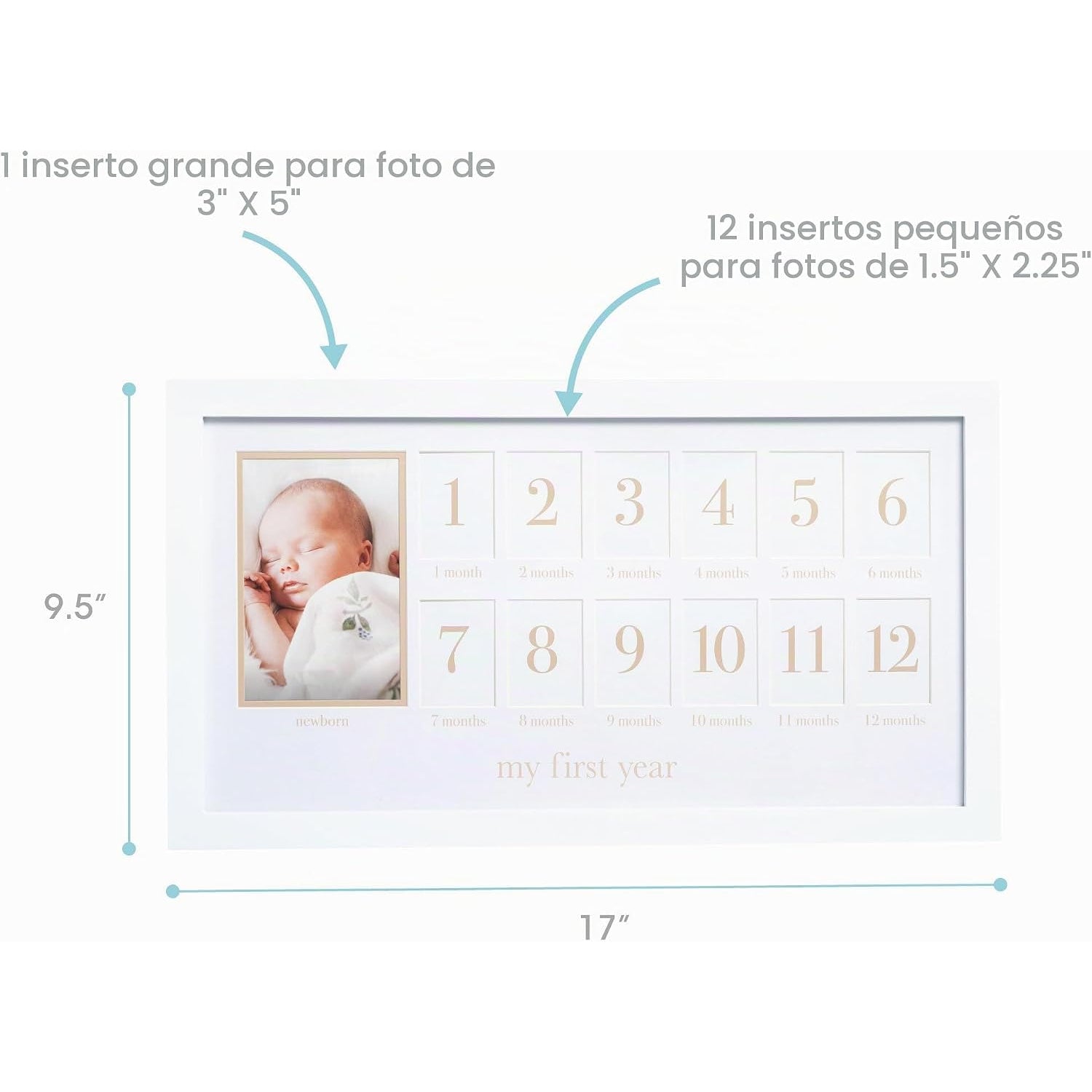 Marco de fotos blanco para el primer año del bebé con espacio para 12 fotos