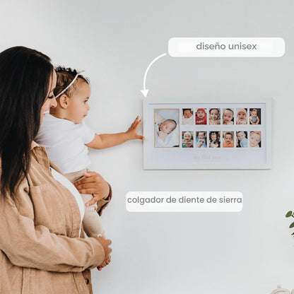 Marco de fotos blanco con desnivel, exhibiendo fotos de bebés con diseño unisex