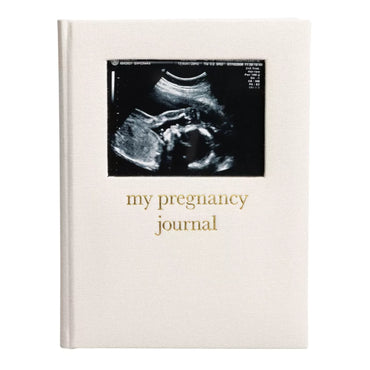 Diario de embarazo blanco con foto de ecografía, vista frontal