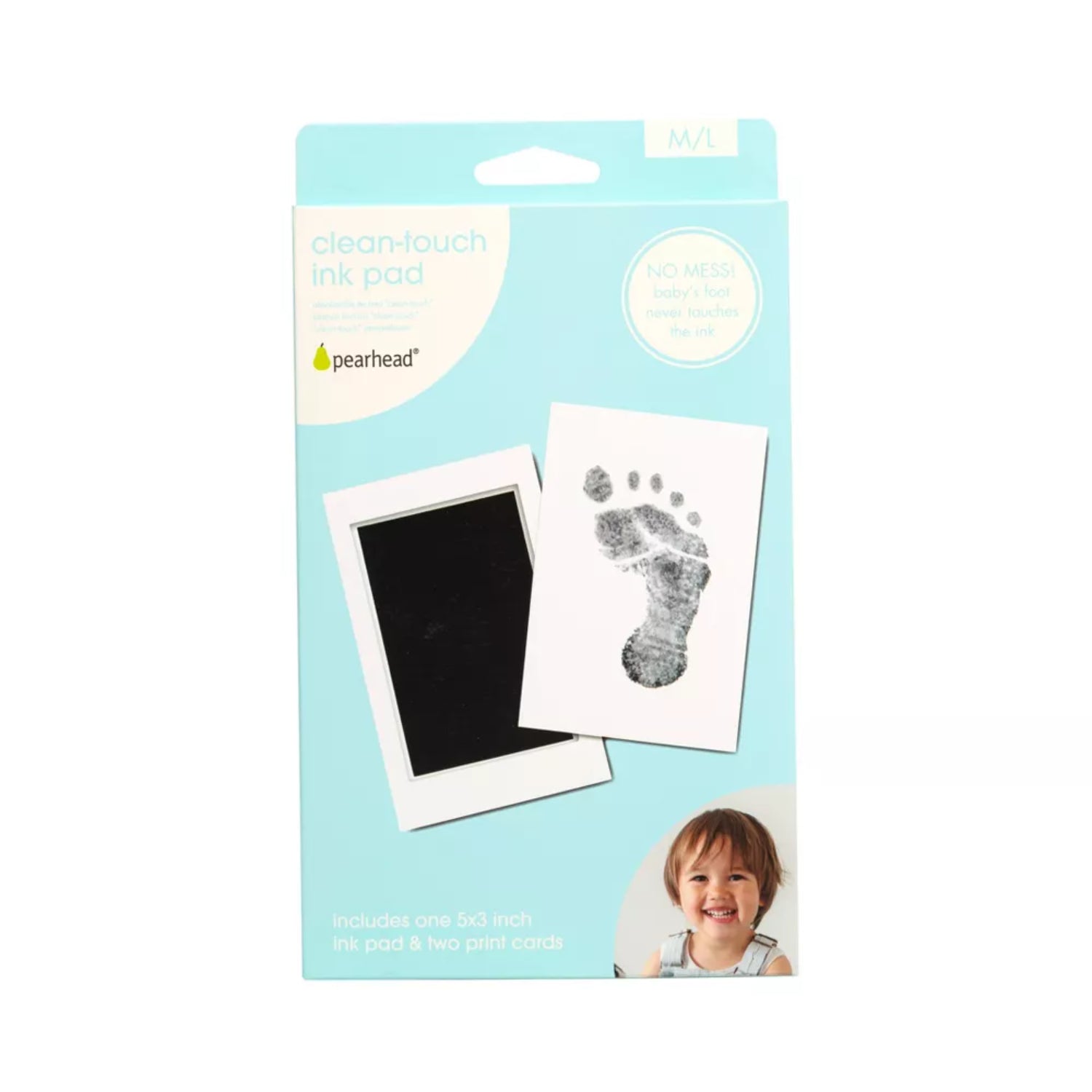 Tinta limpiable Pearhead para huellas de bebé, caja con vista frontal