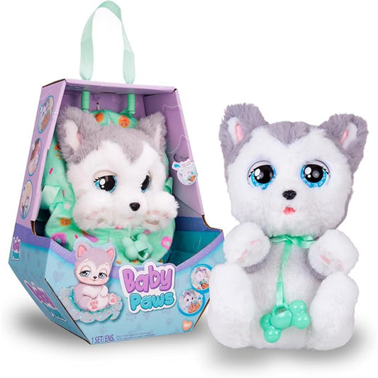 Peluche Baby Paws gris con ojos grandes y caja colorida