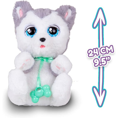 Peluche cachorro gris y blanco, vista frontal con ojos grandes, suave y tierno