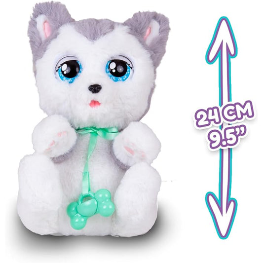 Peluche cachorro gris y blanco, vista frontal con ojos grandes, suave y tierno