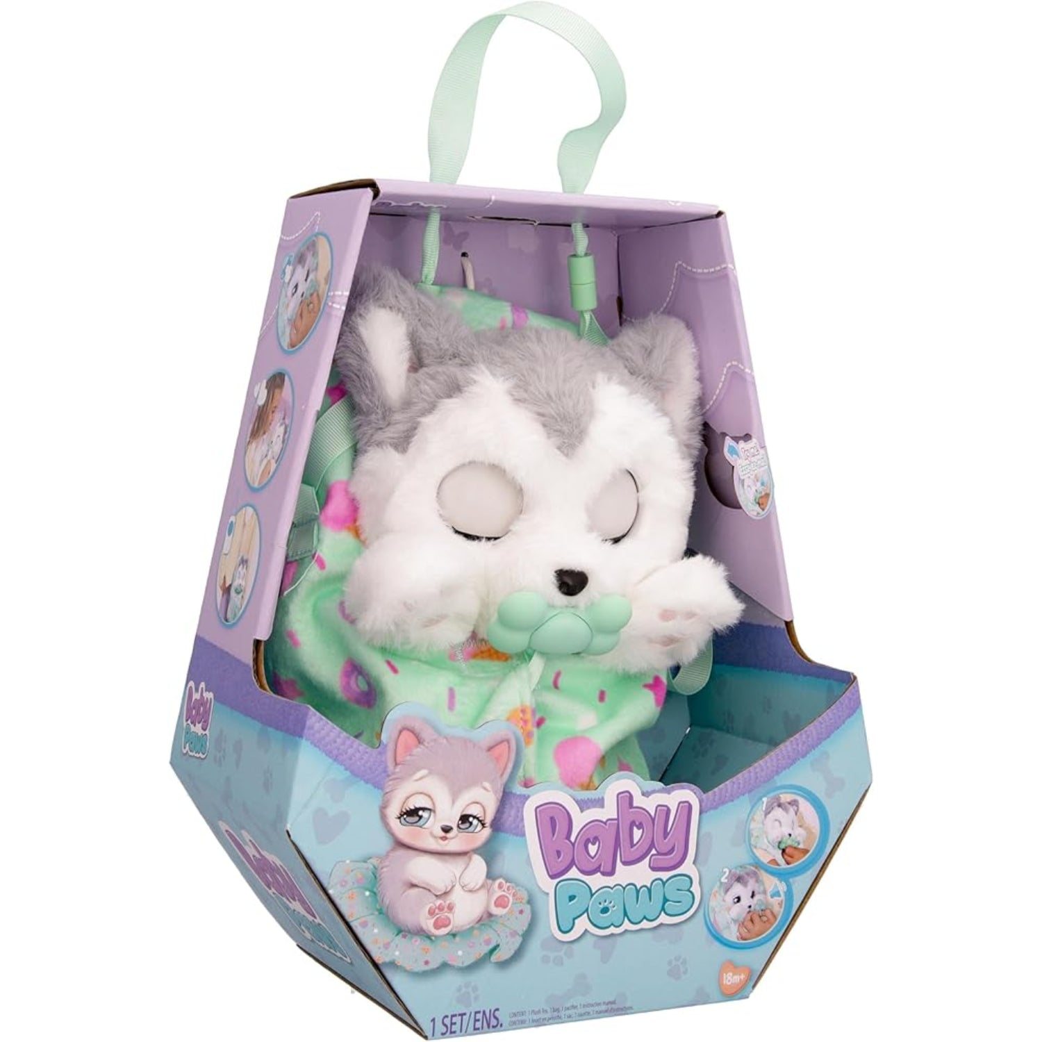 Peluche Baby Paws en caja, modelo de cachorro dormido con manta suave