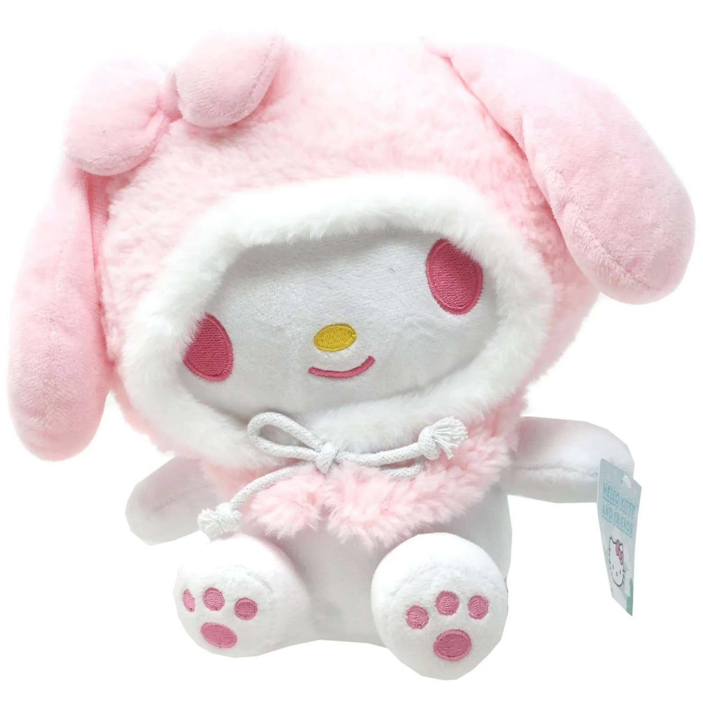 Peluche Sanrio de My Melody en color rosa, vista frontal, suave y adorable.