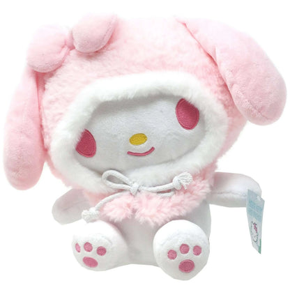 Peluche Sanrio de My Melody en color rosa, vista frontal, suave y adorable.