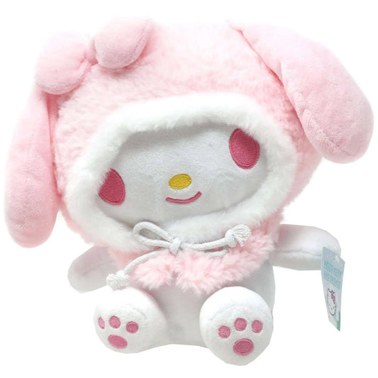 Peluche Sanrio de My Melody en color rosa, vista frontal, suave y adorable.