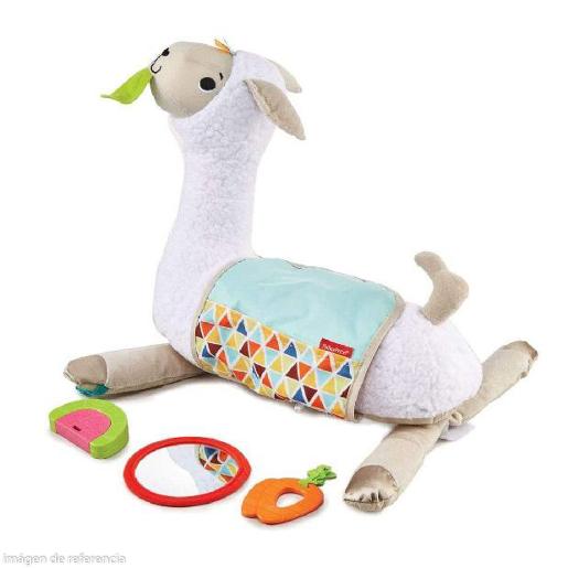 Peluche llama blanco con juguetes coloridos, ideal para el juego de bebés