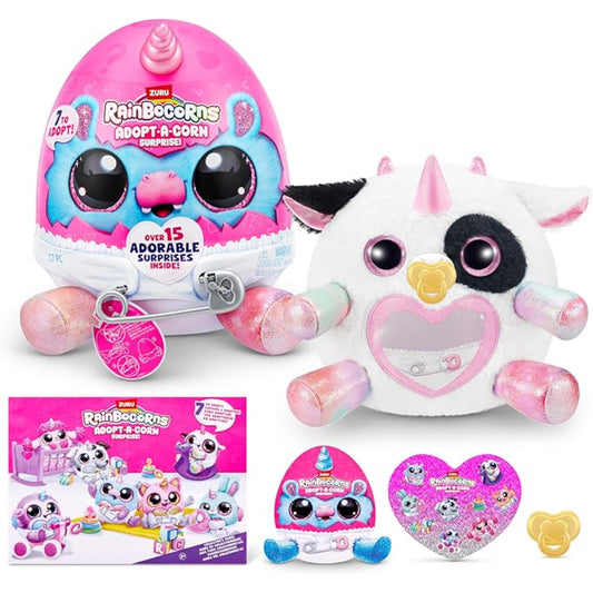 Peluche unicornio blanco con detalles brillantes, vista frontal en caja de sorpresas