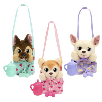 Peluche de perro con mochila y botella, juguetes coloridos para niños