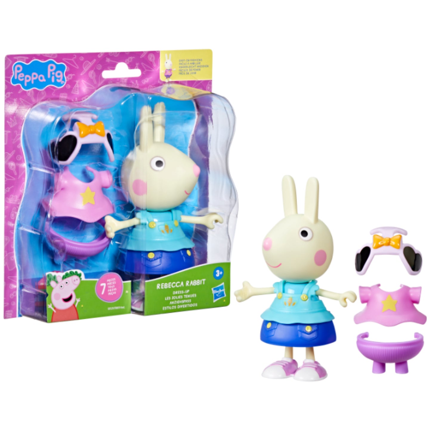 Disfraz infantil de Rebecca Rabbit, figura de Peppa Pig, vista frontal con accesorios
