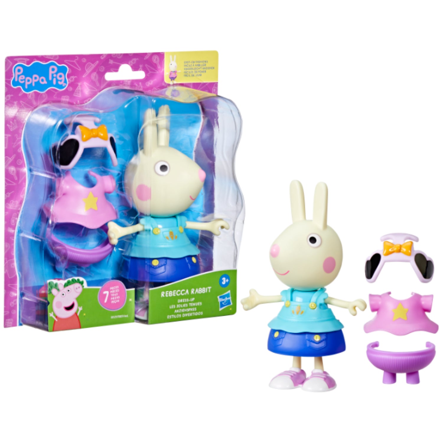 Disfraz infantil de Rebecca Rabbit, figura de Peppa Pig, vista frontal con accesorios