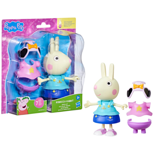 Disfraz infantil de Rebecca Rabbit, figura de Peppa Pig, vista frontal con accesorios