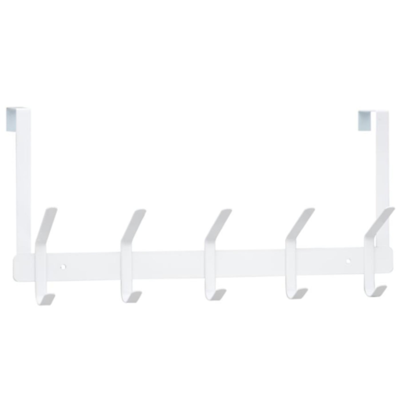 Perchero blanco de pared con cinco ganchos, ideal para organizar ropa.